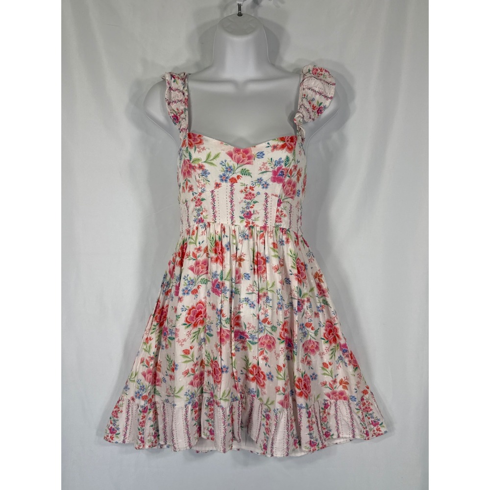 Altar'd State Floral Ruffle Mini Dress Smocked Sweetheart Neckline Pink White